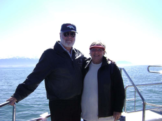 Lyn and Steve Butcher on a whale watch cruise in New Zealand.