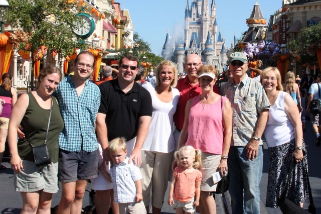 Photo of family reunion in Orlando in Sep 08. (l-r) Jennifer and son Matthew Ender, Dan and Beth (daughter) McDonnell, Rick Ender (class of 83) and wife, Lou, Earl and Julie (sister Class of 69) Jackson.  In front are two year old Aidan and Cynthia.