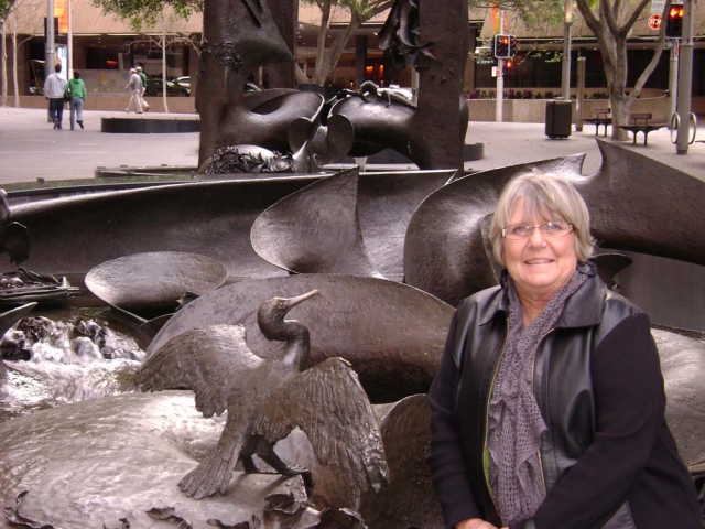Lyn Jorgenson Butcher is at the water sculptures in downtown Sydney.  